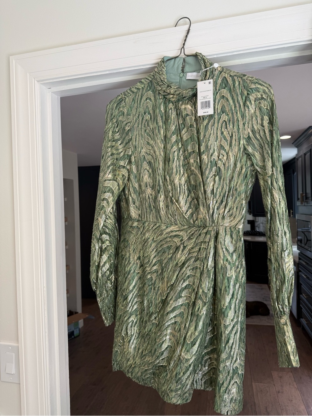 Jonathan Simkhai Green Metallic Long-Sleeve Wrap-Style Dress